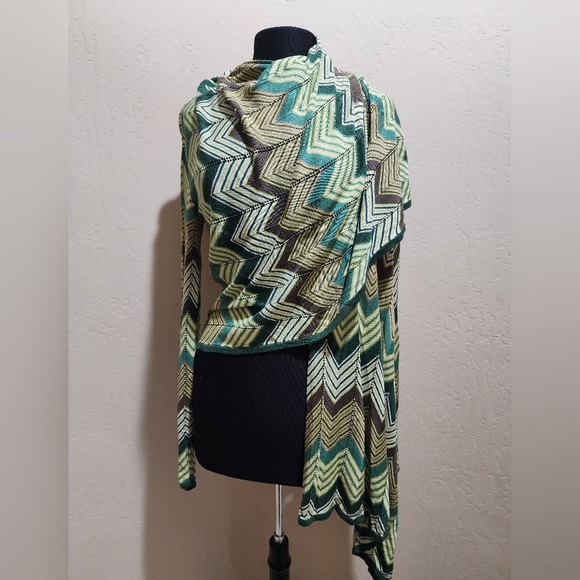 BCBG Maxaria Zig Zag Chevron Green Brown Silk Blend Open Cardigan S NWOT - Picture 4 of 6